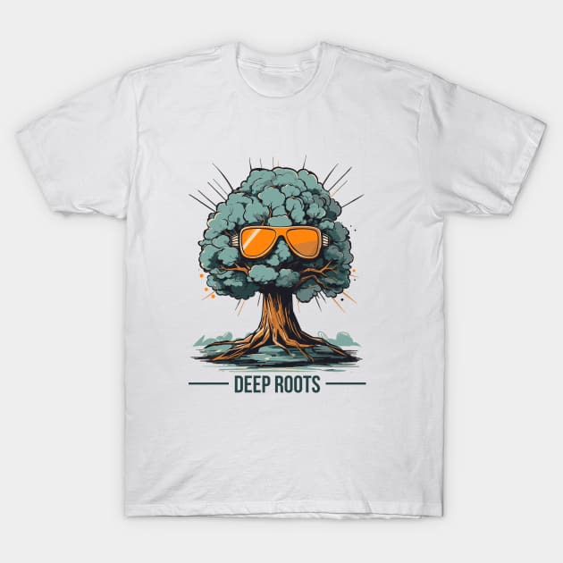 Animated tree with leafy glasses and text "deep roots" T-Shirt by Casually Fashion Store